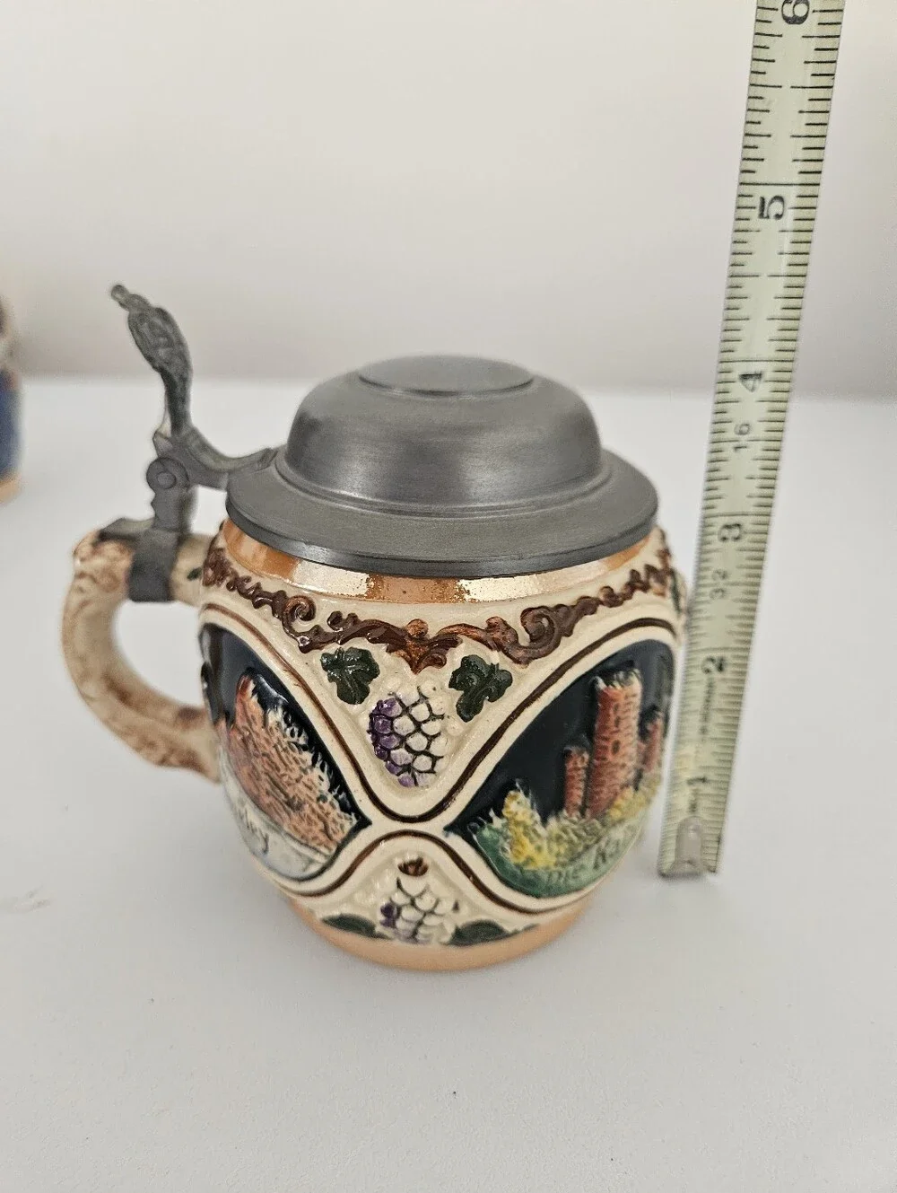 VTG Set of Two German Rhein River Stoneware Pewter Lid Steins | SZ 4